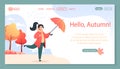 Happy young woman with umbrella walks in the park in the rain, autumn landscape, vector illustration Royalty Free Stock Photo